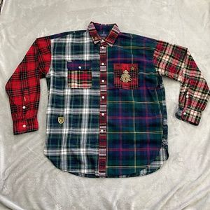 Polo Ralph Lauren Shirt Womens Large Plaid Patchwork Flannel Boyfriend Fit Crest
